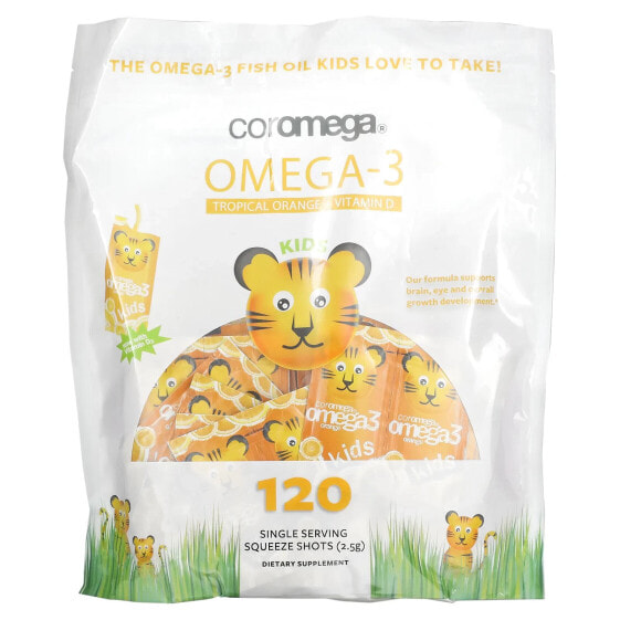 Coromega, Для детей, омега-3, тропический апельсин и витамин D, 120 капсул на одну порцию, по 2,5 г