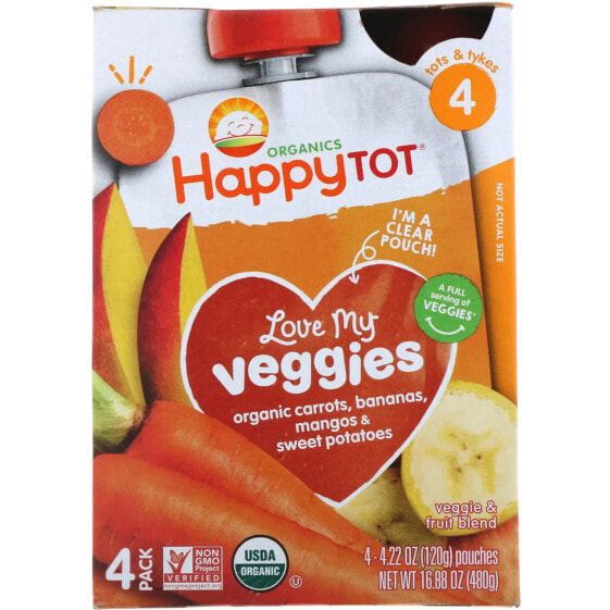 Happy Tot, Love My Veggies, Stage 4, Organic Carrots, Bananas, Mangos & Sweet Potatos, 4 Pouches, 4.22 oz (120 g) Each