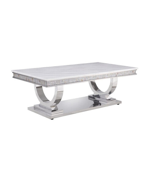 Zander Coffee Table, White Printed Faux Marble & Mirrored Silver Finish