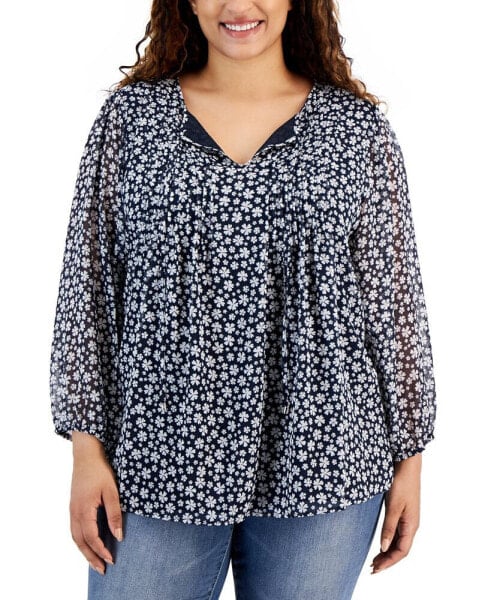 Plus Size Printed Pintuck Tie-Neck Blouse
