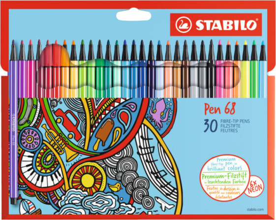 STABILO Pen 68 Cardboard Wallet 30 colouring pens - Medium - 30 colours - Multicolor - 1 mm - Multicolor - Hexagonal