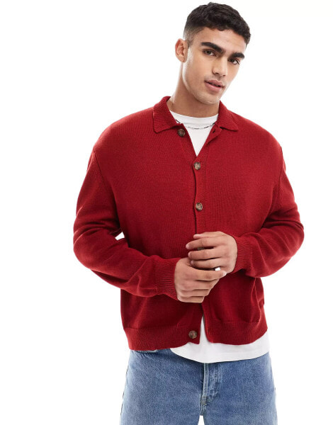 ASOS DESIGN cotton blend knitted cardigan with collar in red