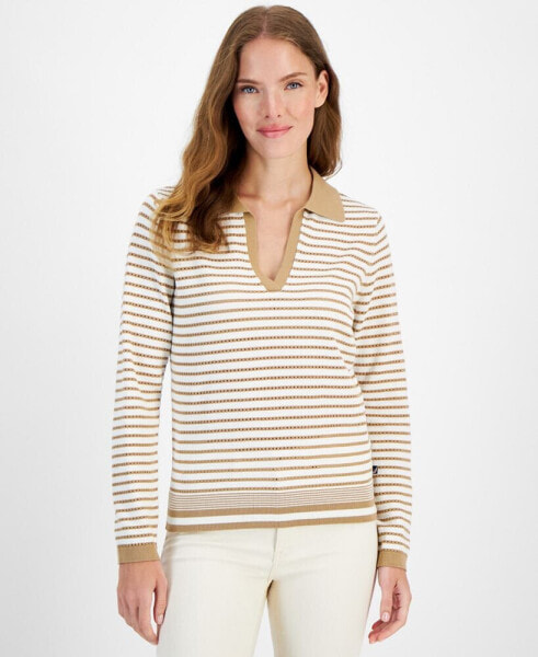 Women's Striped Johnny Collar Long-Sleeve Sweater