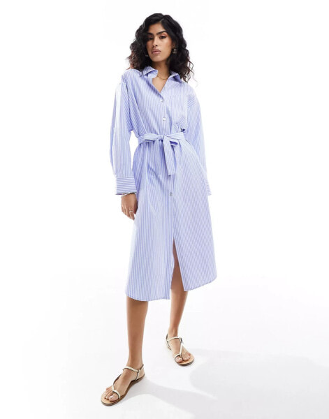 Stradivarius cotton shirt dress in blue stripe