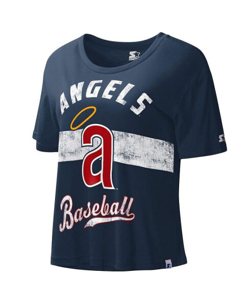 Women's Navy Distressed Los Angeles Angels Cooperstown Collection Record Setter Crop Top