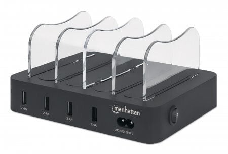 Manhattan Charging Station, 4x USB-A Ports, Outputs: 4x 2.4A, Smart IC, LED Indicator Lights, Black, Three Year Warranty, Box, Freestanding, Plastic, Black, Contact, CE FCC RoHS WEEE ETL, 2.4 A