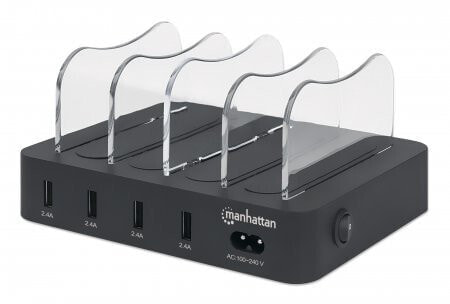 Manhattan Charging Station - 4x USB-A Ports - Outputs: 4x 2.4A - Smart IC - LED Indicator Lights - Black - Three Year Warranty - Box - Freestanding - Plastic - Black - Contact - CE FCC RoHS WEEE ETL - 2.4 A