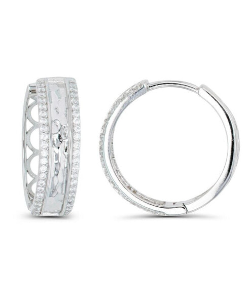 Cubic Zirconia Rhodium Plated Pave Hammered Hoop Earrings