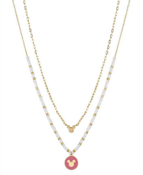 14k Gold Plated Mickey Mouse Pink Charm White Beaded and Link Chain Necklace Set, 2 Piece