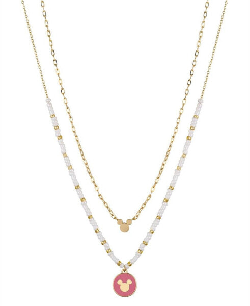 Disney 14k Gold Plated Mickey Mouse Pink Charm White Beaded and Link Chain Necklace Set, 2 Piece