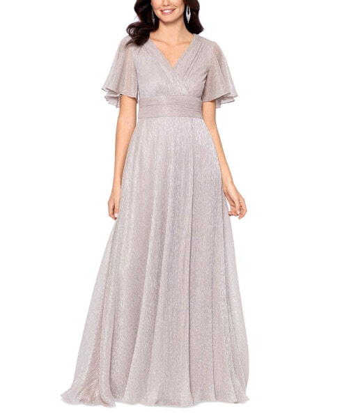 Women's Metallic Flutter-Sleeve Gown