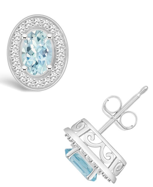 Aquamarine (7/8 ct. t.w.) and Diamond (1/5 ct. t.w.) Halo Studs in Sterling Silver