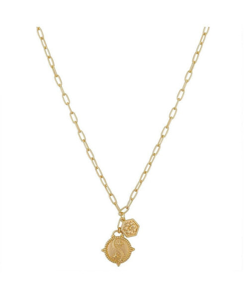 Unwritten 14K Gold Flash Plated Satin Finish Yin Yang and Flower Charm Y-Necklace