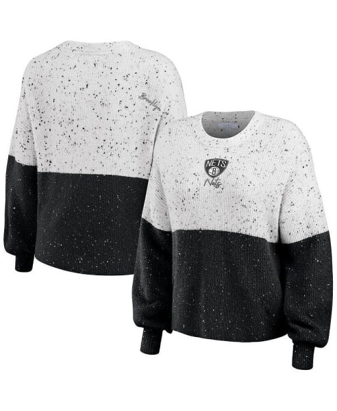Women's White, Black Brooklyn Nets Color-Block Pullover Sweater