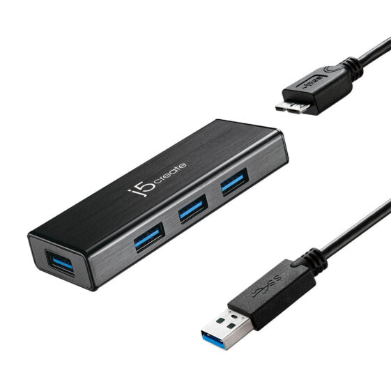 j5create JUH340 USB 3.0 4-Port Hub - USB 3.2 Gen 1 (3.1 Gen 1) Micro-B - USB 3.2 Gen 1 (3.1 Gen 1) Type-A - 5000 Mbit/s - Black - Aluminium - 0.6 m