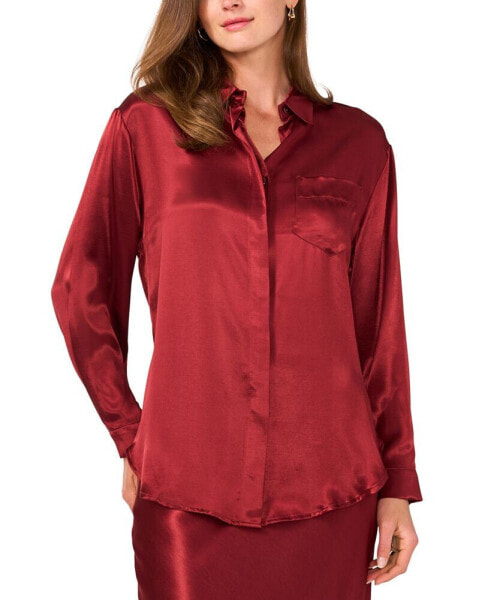 Women's Long-Sleeve Satin Button-Front Top