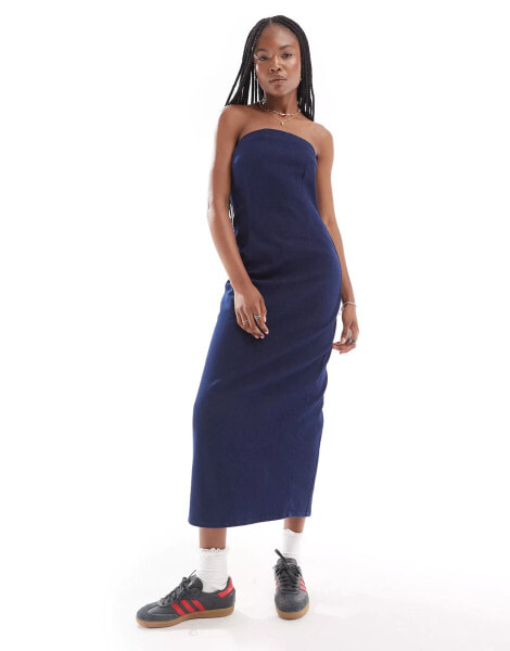 ONLY fitted bandeau midi denim dress in indigo