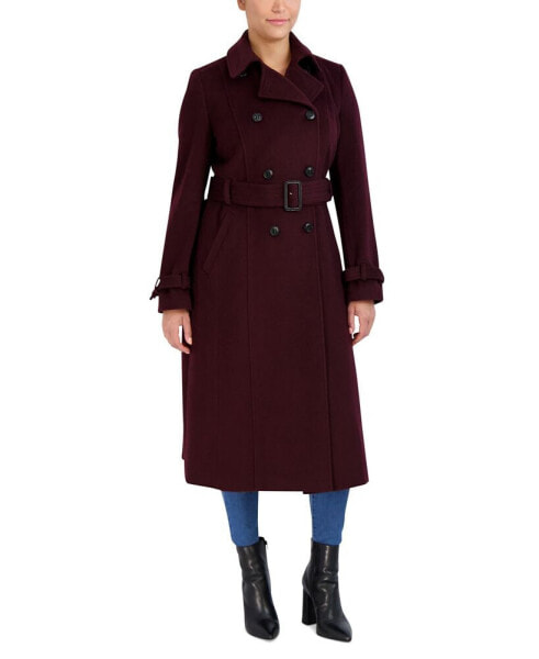 Women's Double-Breasted Belted Wool Blend Trench Coat