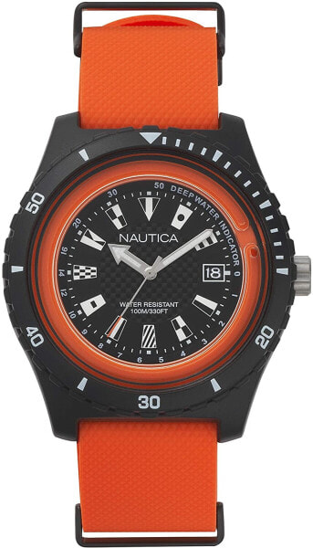 Часы мужские Nautica Armbanduhr Blk Resin Case, Black Dial with flags, Depth Indicator Reflector Ring, Date Movement, Orange Nato Si NAPSRF003