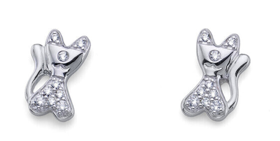 Silver earrings Cat with zircons 62232