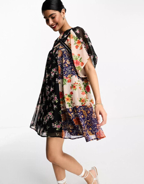 ASOS DESIGN chiffon mini smock dress with mirror trims in patchwork floral