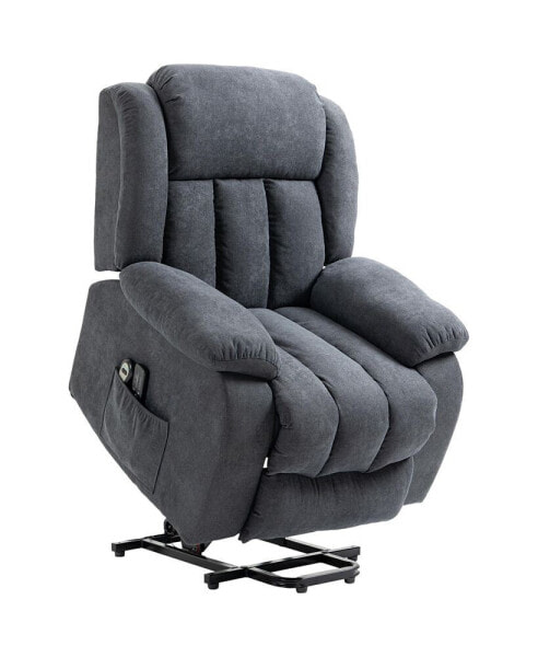Кресло домашнее HOMCOM с подъемным механизмом для пожилых с массажем, обтянутое льняной тканью, с пультом управления, боковыми карманами, серое.