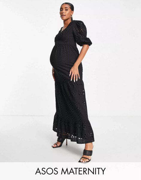 ASOS DESIGN Maternity – Tief ausgeschnittenes, gestuftes Midikleid in Schwarz mit Lochstickerei und Knöpfen am Ausschnitt