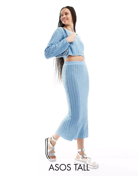 ASOS DESIGN Tall knitted midi skirt in open stitch co-ord in blue