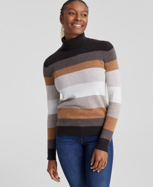 Women's Striped 100% Cashmere Turtleneck Sweater, Created for Macy's