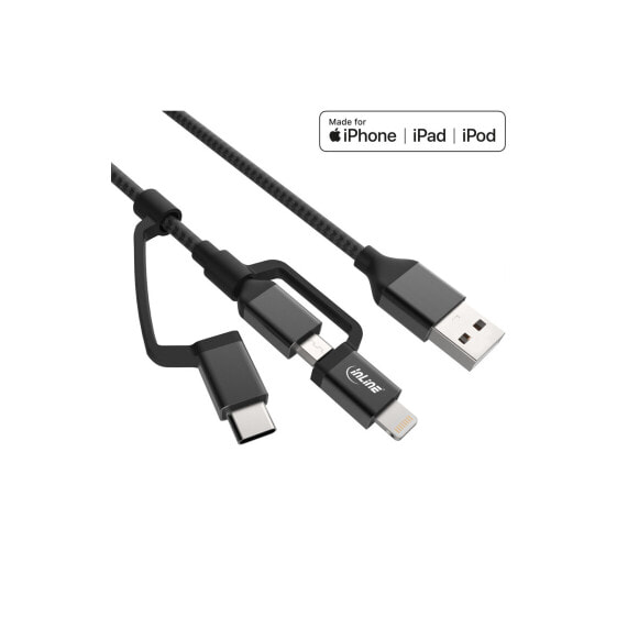 InLine 3-in-1 USB Cable - USB-A M to Micro-USB+USB-C+Lightning - black/aluminium