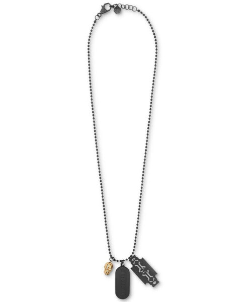 Two-Tone IP Stainless Steel Logo Tag Multi-Charm Pendant Necklace, 29-1/3" + 2-3/4" extender