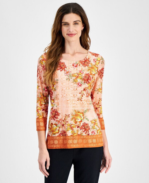 Women's 3/4 Sleeve Jacquard Printed Top, Created for Macy's