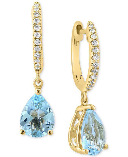 EFFY® Aquamarine (1-7/8 ct.t.w.) & Diamond (1/10 ct. t.w.) Dangle Hoop Earrings in 14k Gold