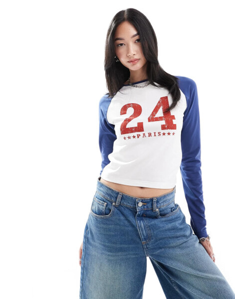 Daisy Street Paris 2024 long sleeve raglan tee in white and blue