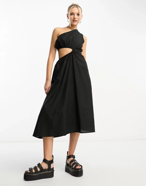 Native Youth asymmetric strap linen midi dress in black