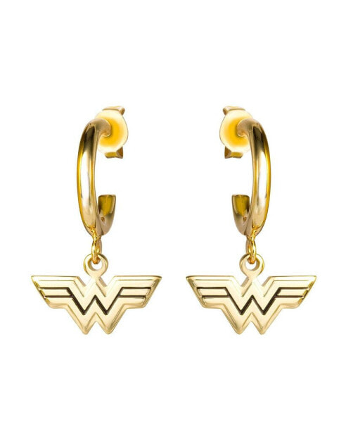 Wonder Woman Logo Gold Plated Charm Hoop Dangle Earrings