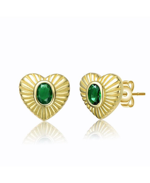 Sterling Silver 14k Yellow Gold Plated with Emerald Cubic Zirconia Sunray Heart Stud Earrings