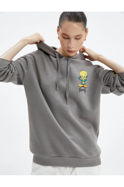 Tweety Kapşonlu Sweatshirt Arkası Baskılı Lisanslı Şardonlu Rahat Kesim