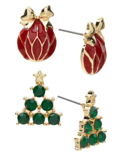 Gold-Tone 2-Pc. Set Red Ornament & Green Pavé Tree Stud Earrings, Created for Macy's