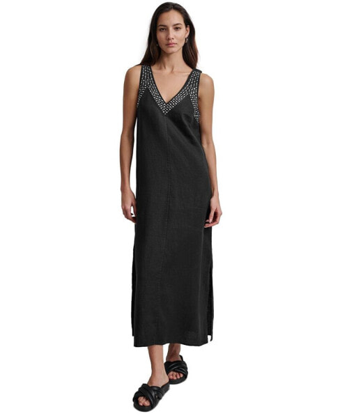 Women's Linen Studded V-Neck Sleeveless Maxi Dress