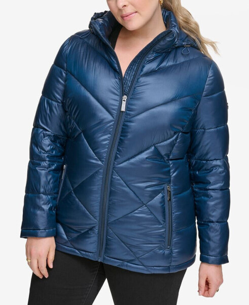 Plus Size Shine Hooded Packable Puffer Coat, Created for Macy's