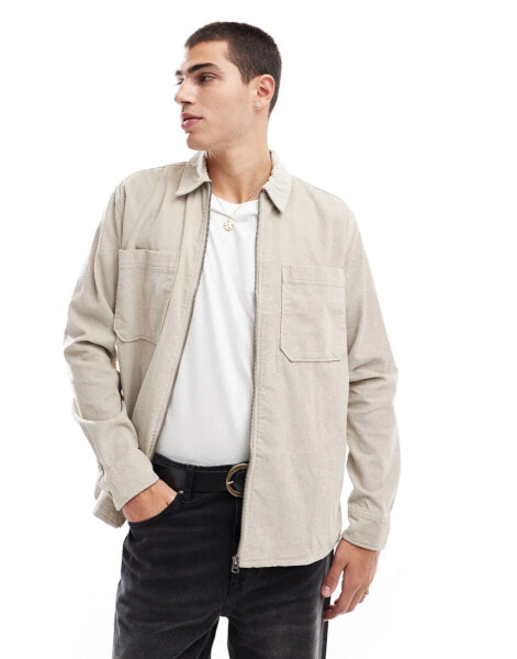 ONLY & SONS zip through cord overshirt in stone