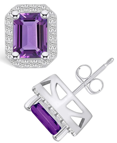Amethyst (3-1/5 ct. t.w.) and Diamond (3/8 ct. t.w.) Halo Stud Earrings in 14K White Gold