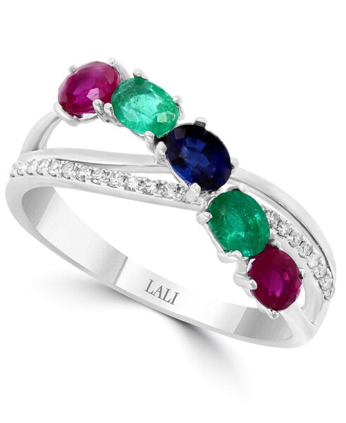 Multi-Gemstone (7/8 ct. t.w.) & Diamond (1/10 ct. t.w.) Ring in 14k White Gold