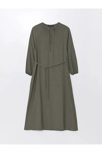 LCW Modest Bağlamalı Yaka Düz Uzun Kollu Keten Karışımlı Kadın Elbise