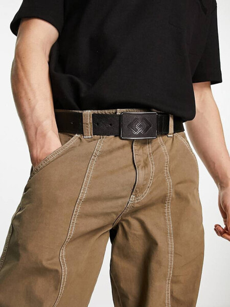 ASOS DESIGN real leather embossed buckle belt in black