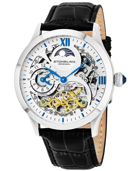 Original Stainless Steel Case on Black Alligator Embossed Genuine Leather Strap, White Skeletonized Dial, With Blue, Gold Tone, and Black Accents