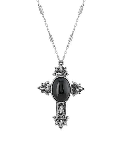 Symbols of Faith pewter Cross Pendant Onyx Oval 28" Necklace