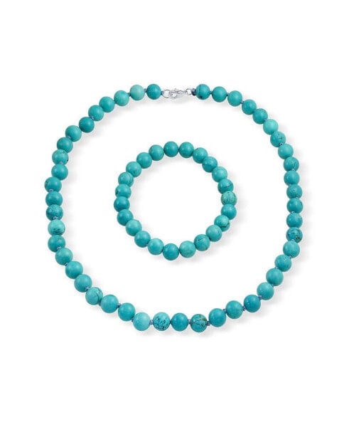 Classic Elegant Blue Turquoise Color 7MM Ball Beads Strand Necklace Stretch Bracelet Set For Women