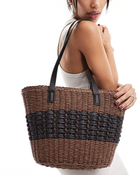 My Accessories two tone straw tote bag in brown and black